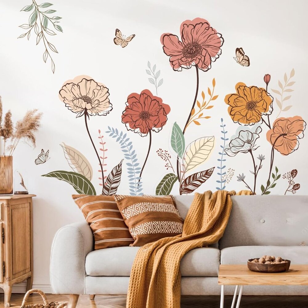 Boho Flower Wall Stickers Wildflower Floral Grass Peel and Stick Wall Art Decals